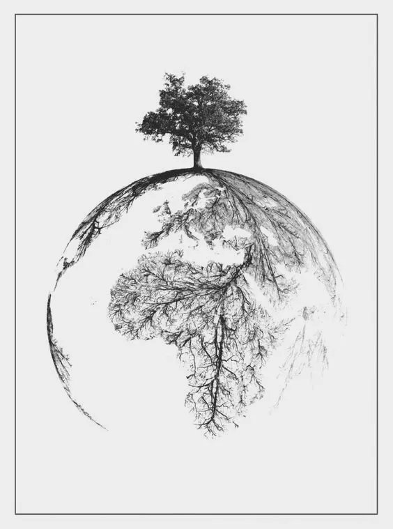 Desenho em preto e branco de uma árvore sobre o globo terrestre, com raízes que se espalham pelos continentes