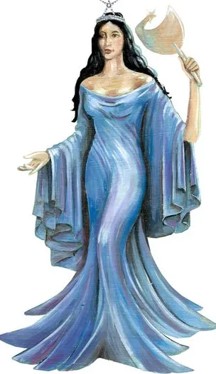 Ilustração de Iemanjá representada como mulher branca de cabelos longos e lisos, coroa e vestido azul, segurando um abebé