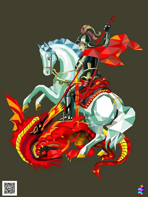 Ilustração geométrica de São Jorge em armadura, montado num cavalo branco, atravessando com a lança um dragão vermelho.