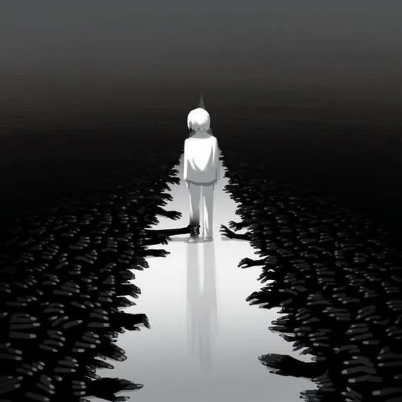 Ilustração em preto e branco de uma figura clara caminhando por um corredor iluminado, cercada dos dois lados por muitas mãos escuras que tentam alcançá-la.