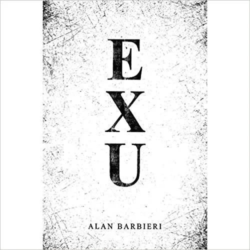 Capa do livro “Exú”, de Alan Barbieri, com o título em letras pretas dispostas na vertical sobre fundo branco envelhecido.
