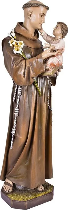 Imagem de Santo Antônio em hábito franciscano marrom, segurando o Menino Jesus sobre um livro e um ramo de lírios brancos.