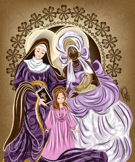 Ilustração de Sant’Ana, com hábito roxo e livro nas mãos, ao lado de Nanã, com vestes lilases e brancas, e a menina Maria de vestido rosa à frente delas
