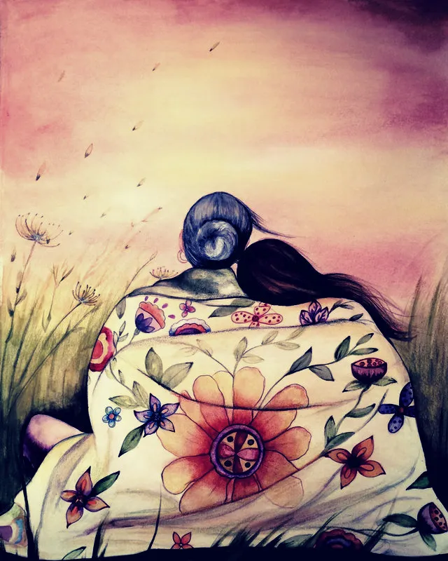 Pintura de uma senhora de cabelos grisalhos presos em coque, vista de costas, envolvida em um xale florido, com uma jovem de cabelos longos recostada em seu ombro, em meio a um campo