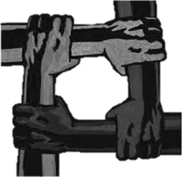 Desenho em preto e cinza de quatro braços que se seguram pelos pulsos, formando um quadrado