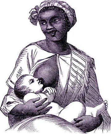 Gravura antiga em tons de roxo de uma mulher negra de turbante amamentando um bebê