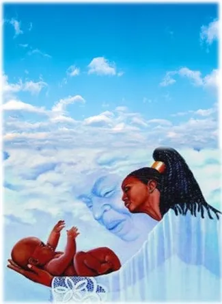 Pintura de uma mulher negra de tranças, formada entre as nuvens, olhando com ternura para um bebê deitado na palma de uma mão