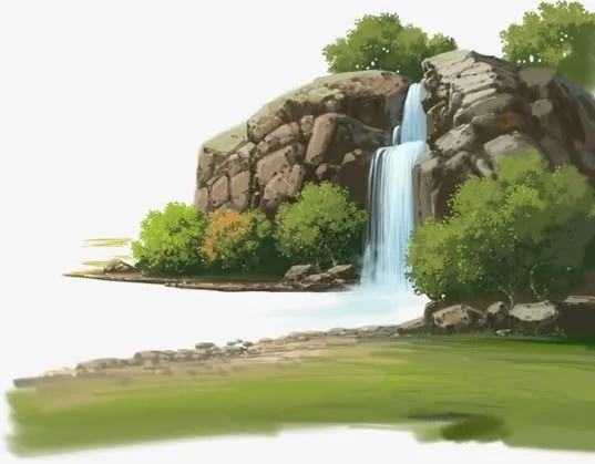 Ilustração de uma cachoeira caindo entre rochas cercadas de vegetação verde