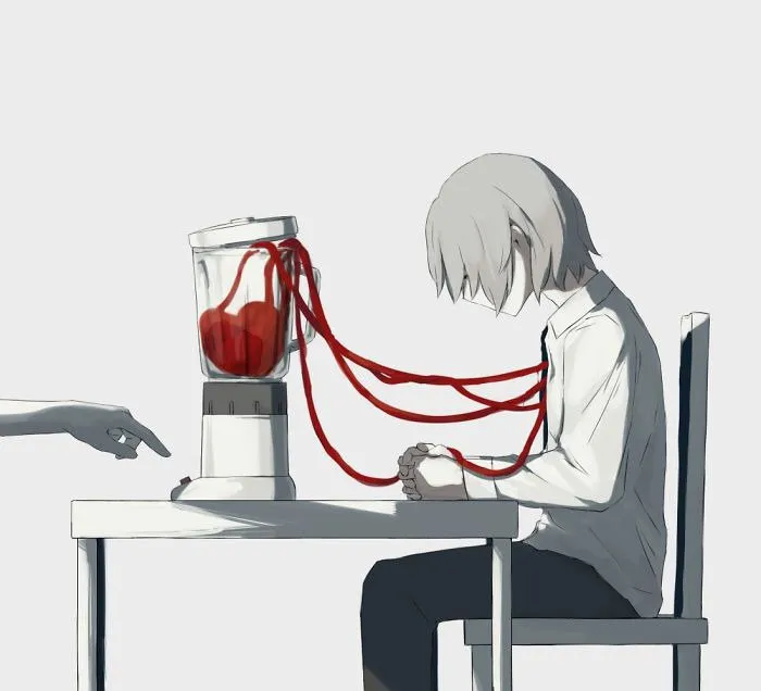 Ilustração de um jovem sentado à mesa, de cabeça baixa, com fios vermelhos saindo do peito e ligados a um liquidificador acionado por uma mão