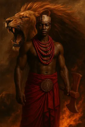 Ilustração de Xangô: homem negro de coroa, colares de contas vermelhas e saiote vermelho, segurando um machado, com a cabeça de um leão rugindo ao fundo, entre chamas.