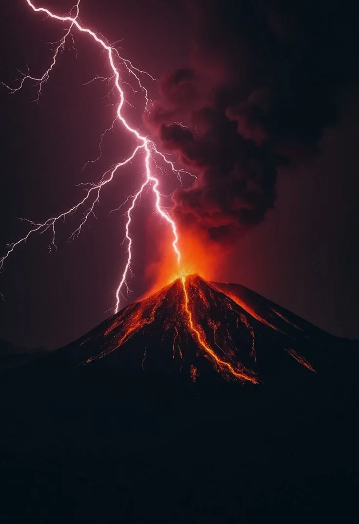 Vulcão em erupção à noite, com lava escorrendo pela encosta e um raio caindo do céu escuro sobre a cratera.