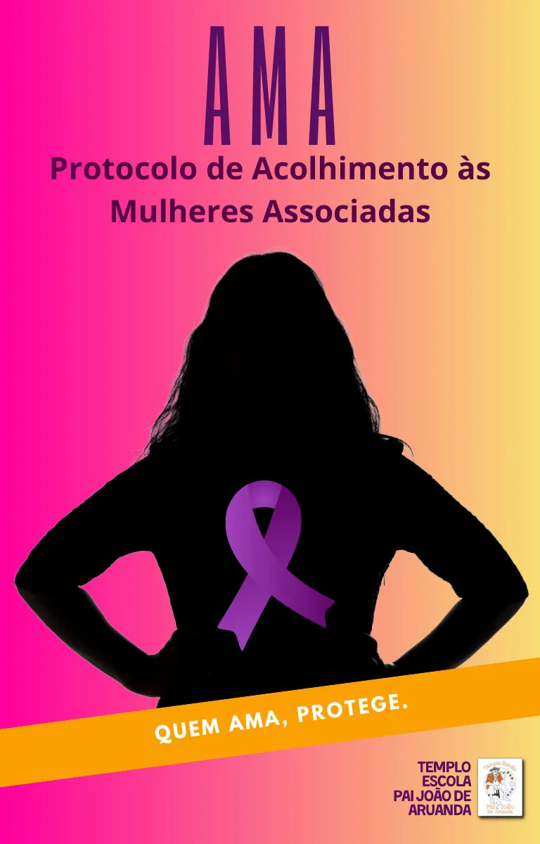 Capa do e-book do Protocolo AMA, em tons de laranja e roxo, com o lema "Quem ama, protege"