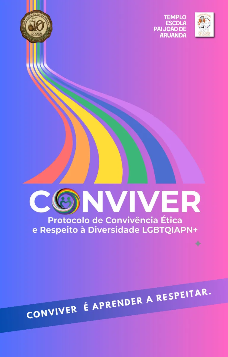 Capa do e-book do Protocolo CONVIVER, com as cores do arco-íris e o lema "Conviver é aprender a respeitar"